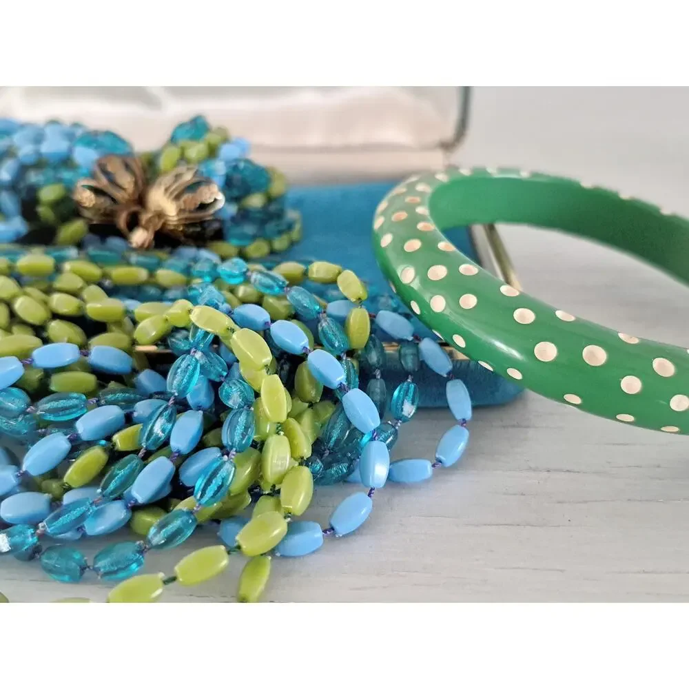 Vintage Mid-Century Blue and Green Necklace and Bracelet Set